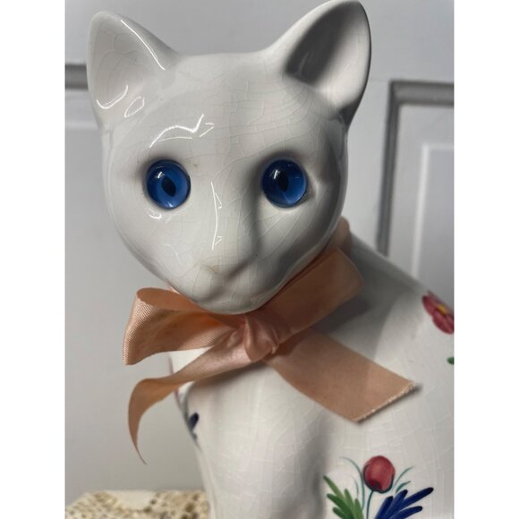 Vintage ELPA Alcobaca Portugal White Ceramic Cat Blue Glass Eyes - Picture 2 of 14